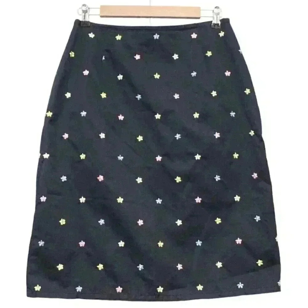 High Waisted A-Line Below Knee Skirt Size 10 Navy Multicolor Embroidered Floral